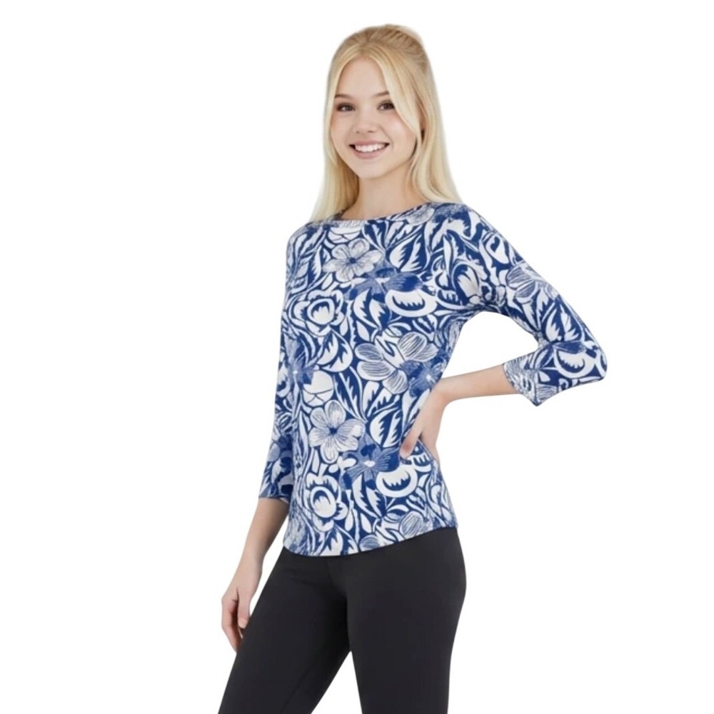 Talbots Petites Blue White Floral Cotton 3/4 Sleeve Boat Neck Top Size P